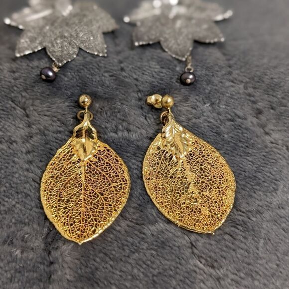Vintage 80s Silver-plated/Gold Filled Leaf Motif Earrings Made from Real Leaves - Picture 6 of 16